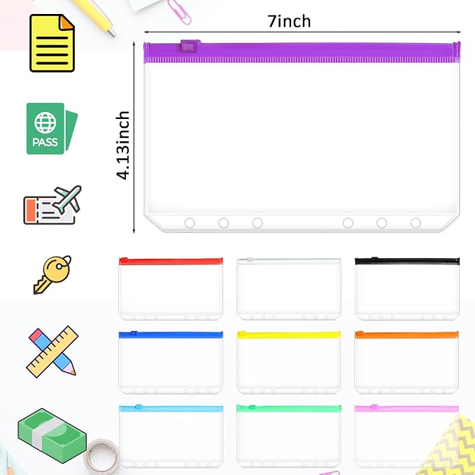 Gersoniel 40 Pieces 6 Ring Binder Zipper Pouch, 6 Hole Binder Pockets with Zipper Bulk Folders A6 Plastic Pouch Colorful Loose Leaf Bags Waterproof PVC Document Filing Bag