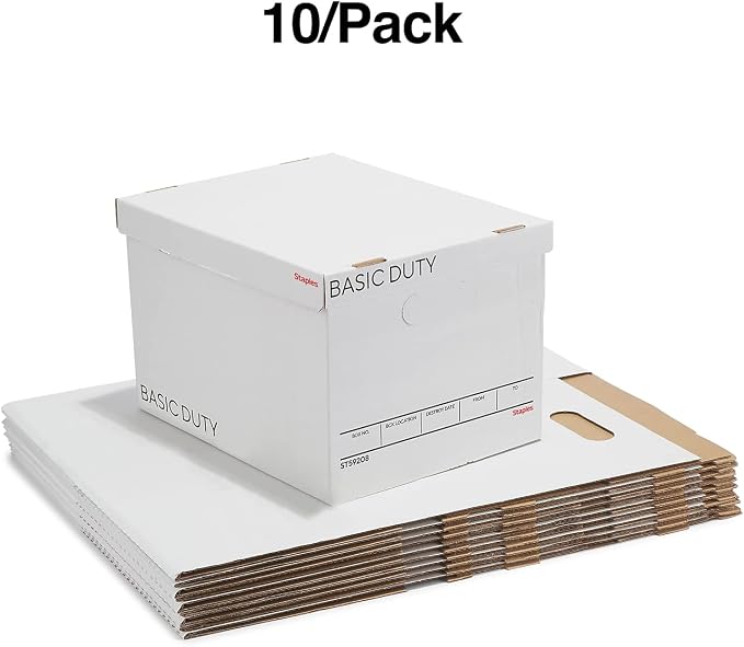 STAPLES Corrugated File Box, Lift-Off Lid, Letter/Legal, White/Black, 10/Pk | Stackable storage boxes for document organization in offices, archives, and storage rooms.