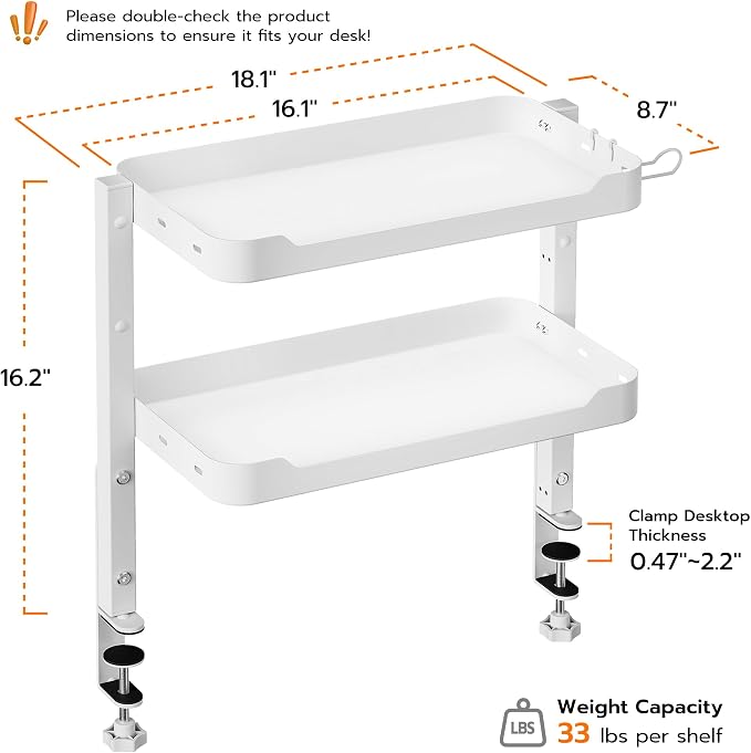ARES WING 2-Tier 16 inch Clamp On Desk Shelf, Above or Under Desk Storage | Adjustable Desktop Organizer Shlef Holds 66 lbs Heavy Duty, with Headphone Holder for Working and Gaming Accessories, White