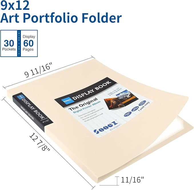 Sooez 30-Pocket Binder with Plastic Sleeves 9x12, Heavy Duty Art Portfolio | Folder with Clear Sheet Protectors, Display 60 Pages, Presentation Book for Artwork, Document Organizer Binder, Ivory