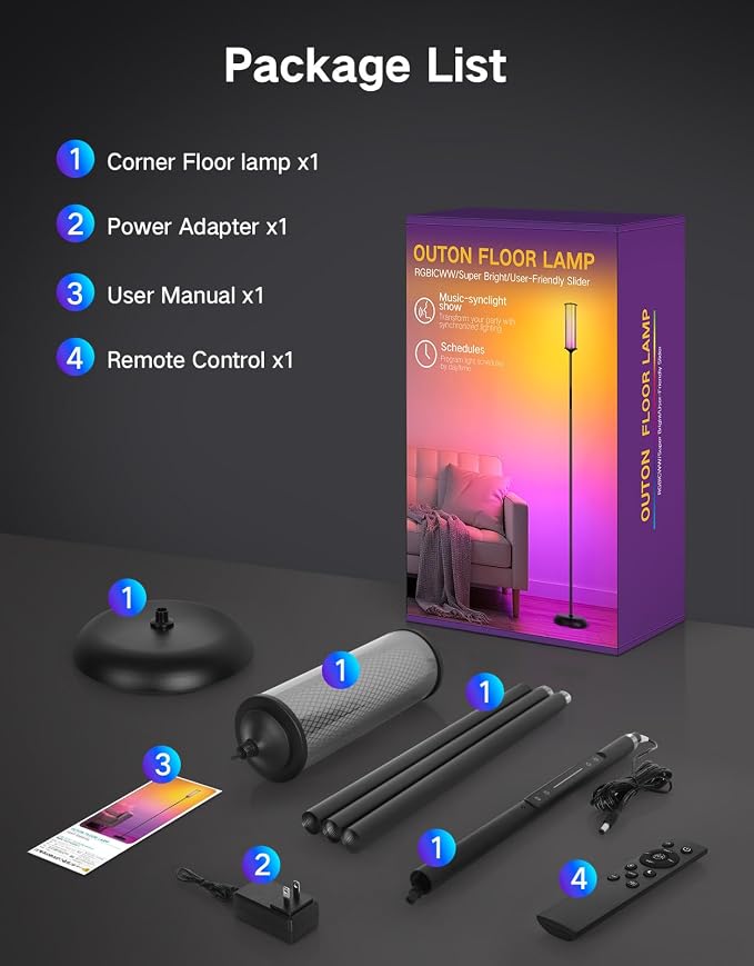 OUTON Bright Smart Floor Lamp with Remote, App & Touch Control, RGB Color Changing Standing Lamp, 2200K-6500K Dimmable, 3 Adjustable Heights, 32 Scenes for Living Room Bedroom Office,Black & Glass