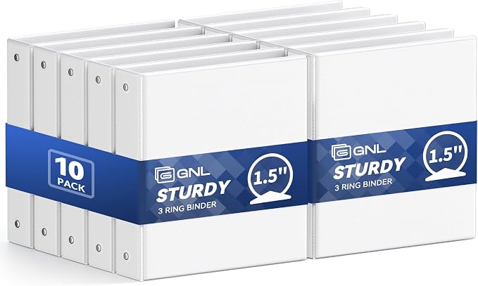 GNL 1.5 Inch 3 Ring Binders Economy 10 Packs White, 1 1/2" Three Ring (Fits 325 Sheets of 8.5x11 Paper) Clear View PVC-Free & Non-Stick for School or Office Supplies
