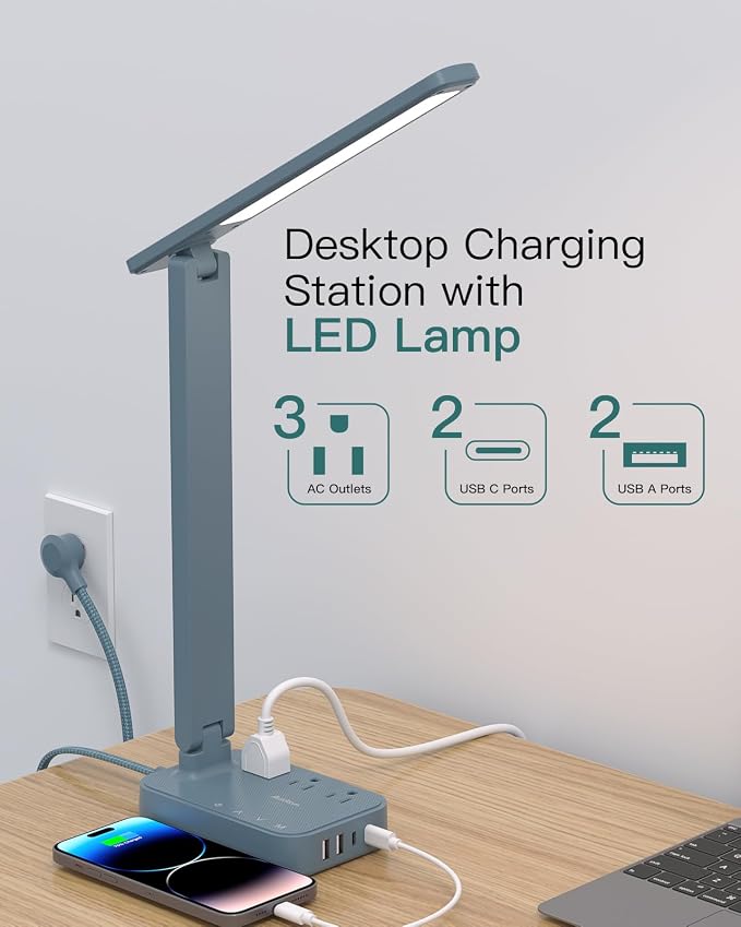 Addtam LED Desk Lamp, Power Strip with 3 Outlets 4 USB Charging Ports(2 USBC), 4 Modes 5 Level Brightness Touch Lamp, Small Desk Lamp for Home Office College Dorm Room Essentials, Blue