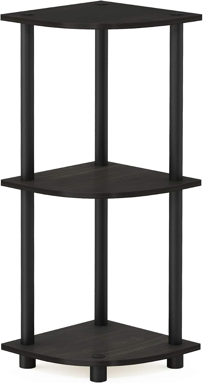 Furinno TURN-N-TUBE Corner Shelf, 3-Tier Corner Bookshelf, Display Storage Shelves with Open Shelves, for Organization and Storage, Living Room, Home Office, Garage, Espresso