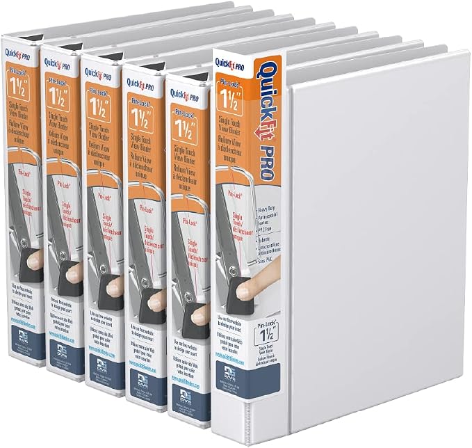 QuickFit PRO Heavy Duty Single Touch View Binder, D Ring, White, 6 Pack, 1.5 Inch