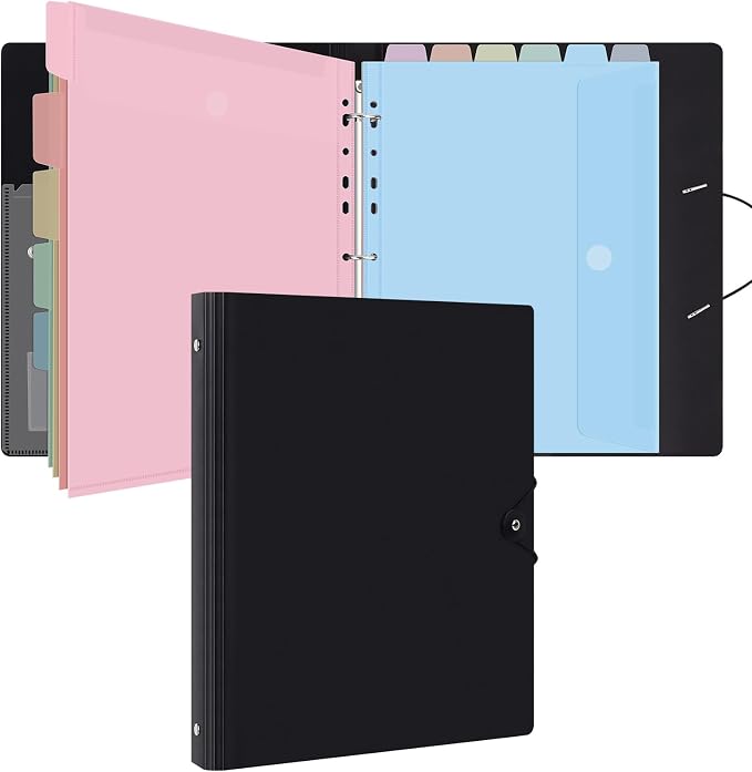 Uquelic A4 Binder, Folio Document Organizer, 3 Ring Folder Letter Size | Cute 12-Pocket Life Binder for Paper, Files, Photos, Letters, Cards (Black-Macaron)