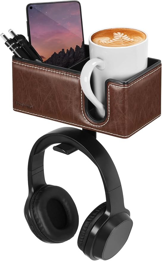 Under Desk Cup Holder Clamp on Cup Holder PU Leather Clip on Desk Organizer | Desk organizer with pencil holder clamp on side, under desk hanging organizer, clip on cup holder desk phone stand holder PU