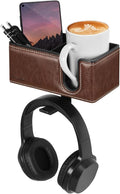 Under Desk Cup Holder Clamp on Cup Holder PU Leather Clip on Desk Organizer | Desk organizer with pencil holder clamp on side, under desk hanging organizer, clip on cup holder desk phone stand holder PU