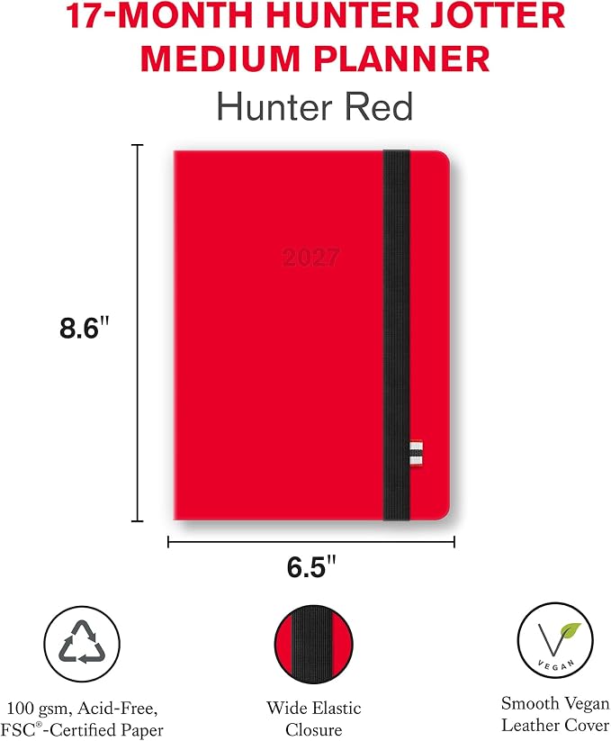 Orange Circle Studio 2027 Hunter Red Hunter Jotter Medium Planner, 17-Month Weekly & Monthly Calendar Planner, 6.5" x 8.6", Dot Grid Notes, Time Zone Map, Goal Pages, Work Daily Planner Notebook