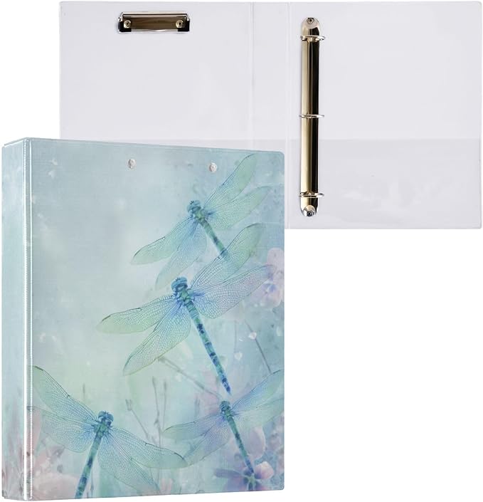 Blue and Teal Dragonfly Floral Binder 3 Ring 1.5 Inch Binder with Clipboard&Pockets, Hardcover Binders Heavy Duty Large File Folder for Office School Supplies - Holds 200 Sheets