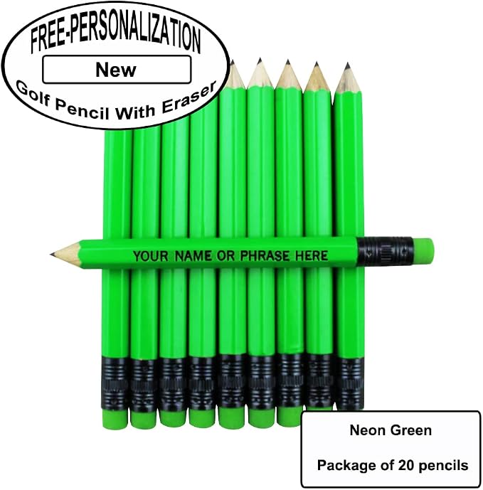 EZPENCILS & GIFTS - Golf Pencils Tipped with Eraser (1/2 a Pencil - Pew Pencils) - Neon Green Colored Barrel - FREE-PERSONALIZATION - 2HB Black Lead - Custom Text - Non-Smear Eraser – Package of 20