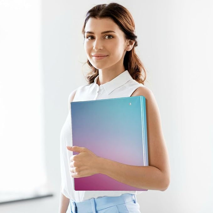 3 Ringed Binder 1 and A Half Inch Notebook Binders with Pockets 1/2 Pack School Binder Hardcover Teal Gradient Blue Pink Colored Blurred