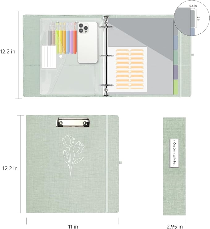2 Inch 3 Ring Linen Binder Organizer, BVSSX Three Ring Binders with Clipboard, Plastic Folder, 5-Tabs Pocket Dividers with Sticker Labels, Pen Loop, Elastic Strap (Sauge, Letter Size)