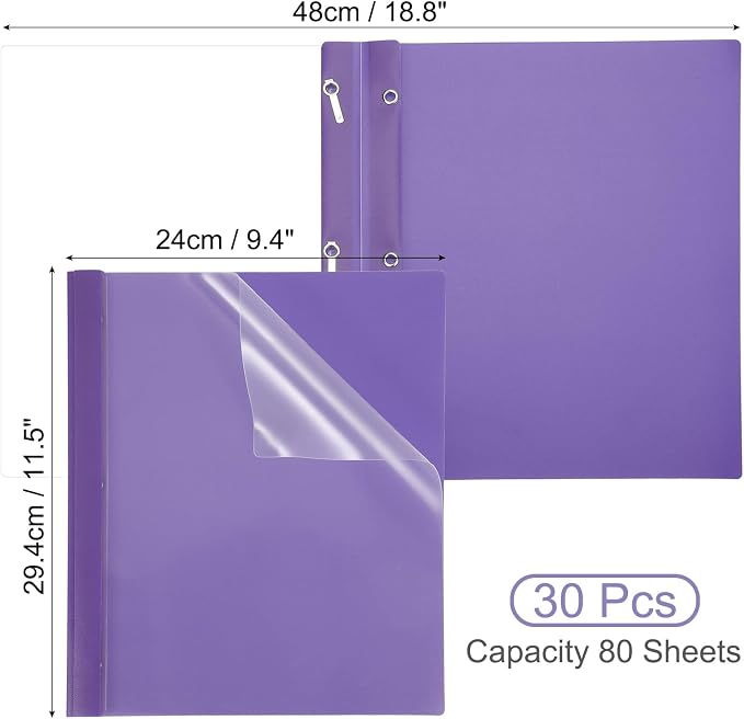 PATIKIL Plastic Report Covers with Prong, 30 Pcs 80 Sheet Clear Front Presentation Binders with 3 Metal Prong Fasteners Report Folder for Resume Documents Files Letter, Purple
