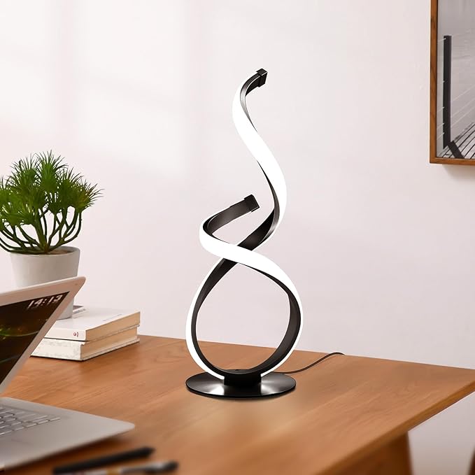 Modern Dimmable LED Spiral Touch Table Lamp for Nightstand | 3 Color Temperature Desk Lamp, Unique Bedside Light for Living Room, Bedroom, Cool Lamps for Ideal Gift, Black
