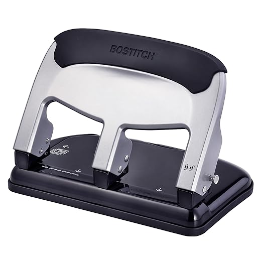 Bostitch Office EZ Squeeze Heavy Duty 3-Hole Punch for Home Office & School, 40-Sheet Capacity, One-Touch Reduced Force, Sleek Silver Design