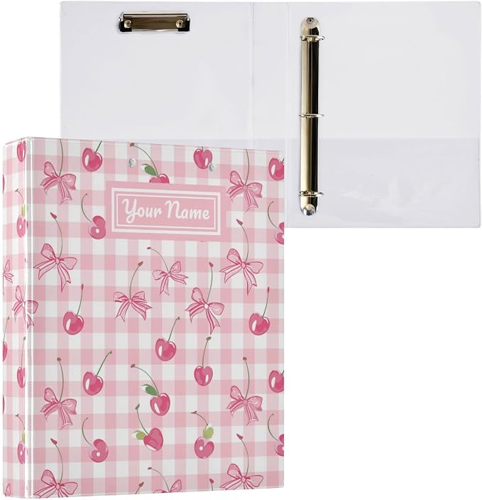 Custom Bow and Cherry 3 Personalized Round Ring Binders | 1.5 Inch Binder with Clipboard, PVC Pockets, Work Organizer, Holds 200 Sheets for School Office 1 Pack