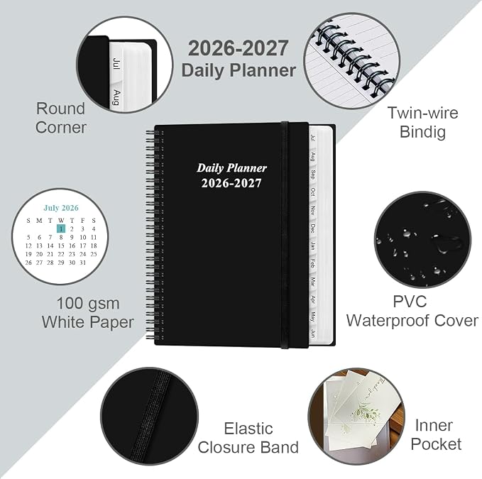 Daily Planner 2026-2027 Full Page Per Day- 2026-2027 Daily & Monthly Planner from July 2026 to June 2027, Day Planner 2026-27 with 12 Months Tabs, 8.5" x 11", Black