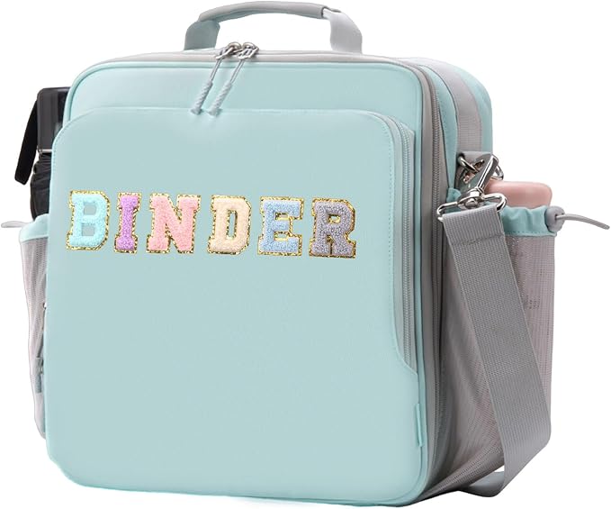 3 Ring Zipper Binder 3 Inch D Rings with Double Water Bottle Holder | Cute Initial Water-Resistant Zip Up Binder for School Office, 700-Sheet Capacity & Shoulder Strap & Laptop Pocket,Light Blue