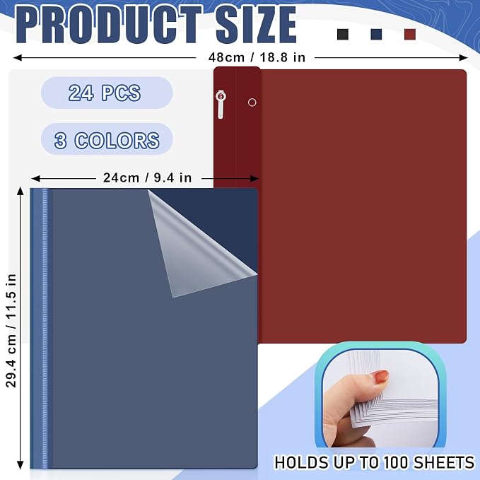 Teling 24 Pcs Clear Front Report Covers with 3 Prongs Fasteners Plastic Presentation Folders Resume Portfolio Report for Letter Size Binder for Paper Document School Office(Black,Navy Blue,Dark Red)
