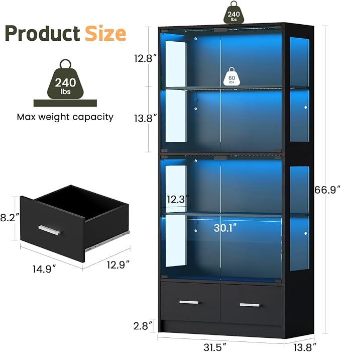 67" Display Cabinet with Glass Doors and 2 Drawers | Black | RGB LED Lights, Pop-Up Glass Doors, Adjustable Shelves, Anti-Tip Design