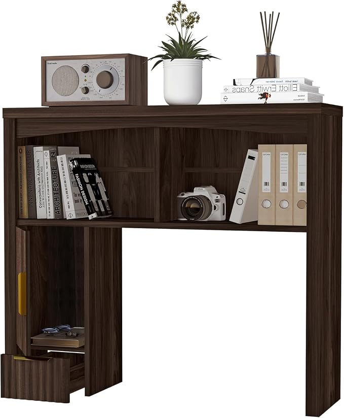 Desktop Shelf, Wooden Desk Hutch with Storage, Desktop Bookshelf | with Cabinet and Drawer, Office Desk Organizer, Space-Saving Organization, Over Desk Storage Shelves for Home, Dorm, Walnut