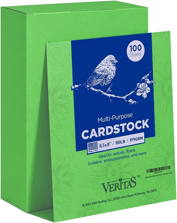 Veritas Green Colored Cardstock, 8.5" x 11" Colored Copy paper, 110LB/199GSM Printer Paper, 100 Sheets (1 Reams), Colored Multi-Purpose Paper, Made in USA