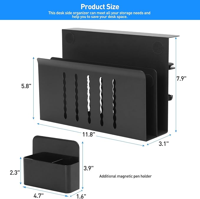 MAXECHO Desk Side Storage, Under Desk Laptop Mount, Table Side Hanging File Organizer, No Drill Clamp On Cable Management Tray, Laptop Holder with Magnetic Pen Holder for Office and Home, Load 22 Lbs
