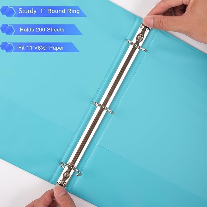 1-Inch Binder 3 Ring, Round Ring with 2 Interior Pockets, Holds 200 Sheets Letter Size Paper, Durable Plastic View Binders for School, Office, and Home