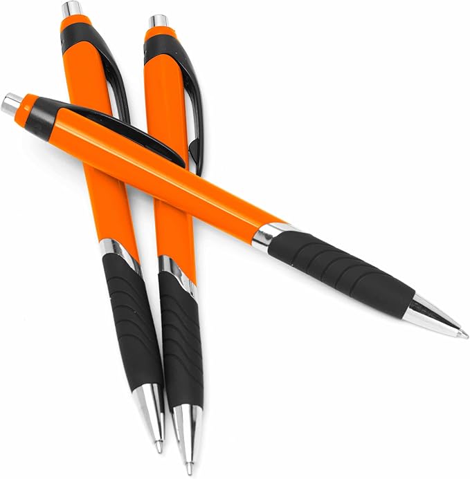 DISCOUNT PROMOS Ballpoint Pens With Rubber Grip - 10 pack - Black Ink Ball Point Pen with Soft Touch Plastic - Orange