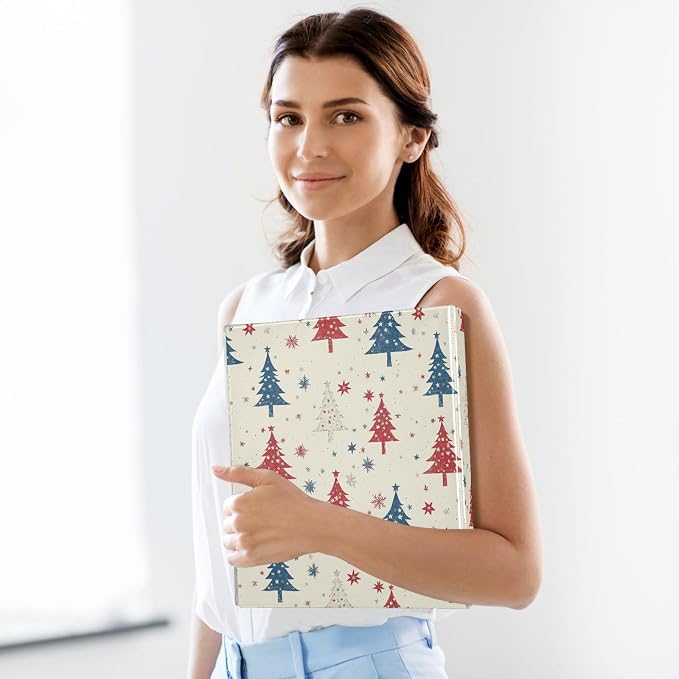 Winter Red and Blue Trees Snowflake 3 Ring Binder 1.5" Decorative D-Ring Binder with Clipboard&3 Clear Pockets, Holds 200 Sheets A4 Size Paper Waterproof Binders for School Home Office