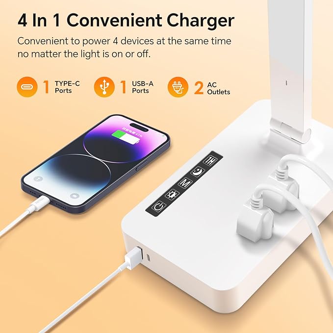 Desk Lamp with USB Charging Port: Power Strip with Surge Protection - 1 Type-C, 1 USB-A Charging Port, 2 AC Power Outlets, Desk Lamps for Home Office College Dorm Room Essentials