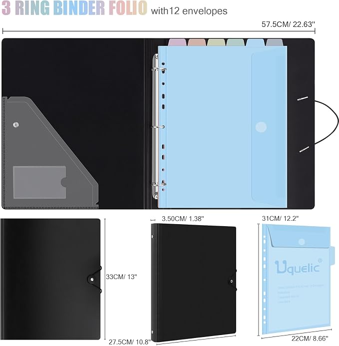 Uquelic A4 Binder, Folio Document Organizer, 3 Ring Folder Letter Size | Cute 12-Pocket Life Binder for Paper, Files, Photos, Letters, Cards (Black-Macaron)