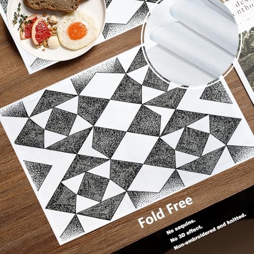 Batmerry Houndstooth Black White Linen Placemats Set of 6, Plaid Abstract Fashion Geometric Washable Table Mats for Kitchen Table Thickened Heat Insulation Dining Set Indoor Outdoor 12X18 in