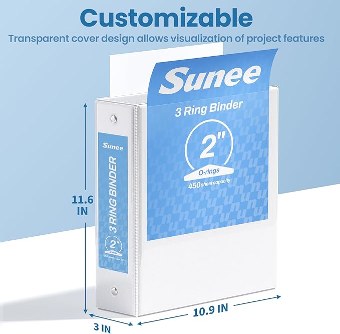 SUNEE 2 Inch Binders 3 Ring 12 Pack Bulk, PVC-Free Clear View 2" Binders (Fits 8.5x11 Inches) for School, Office & Home Use, White
