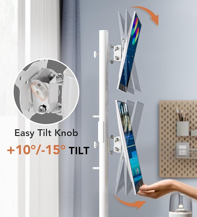 Dual Monitor Stand - Vertical Stack Screen Free-Standing Monitor Riser Fits Two 13 to 34 Inch Screen with Swivel, Tilt, Height Adjustable, Holds One (1) Screen up to 44Lbs HT05W-002 White