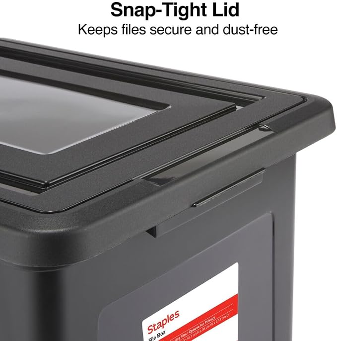 Staples Plastic File Box with Snap Lid, Letter/Legal Size, Black, 2/Pk | Stackable storage box keeps hanging files organized and protected.