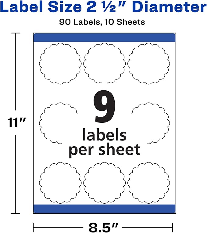Avery Scallop 2.5 Inch Round Labels with Sure Feed for Laser & Inkjet Printers, 90 White Labels (8218)