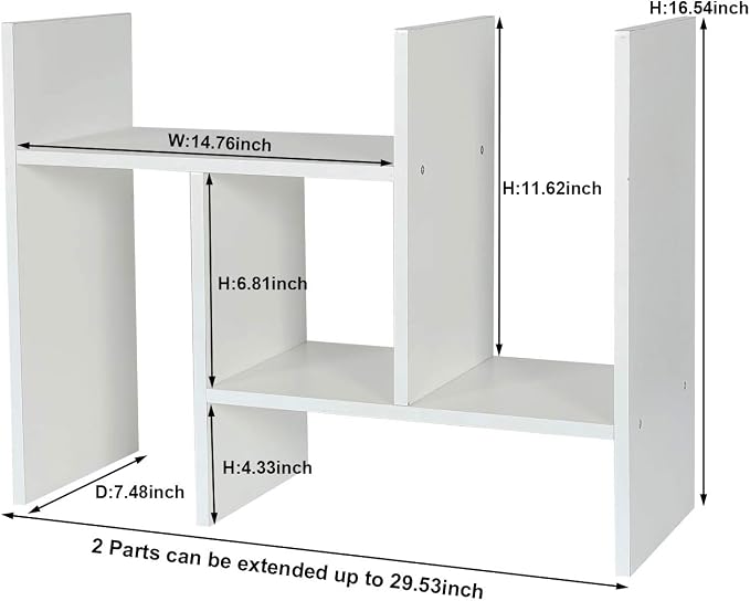 Adjustable Desktop Shelf Wood Small Bookshelf Desk Supplies Organizers and Accessories Storage Display Rack Office Decor, White