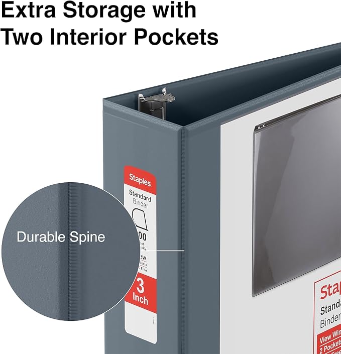 Staples 3" 3‑Ring View Binder, D‑Ring, Gray