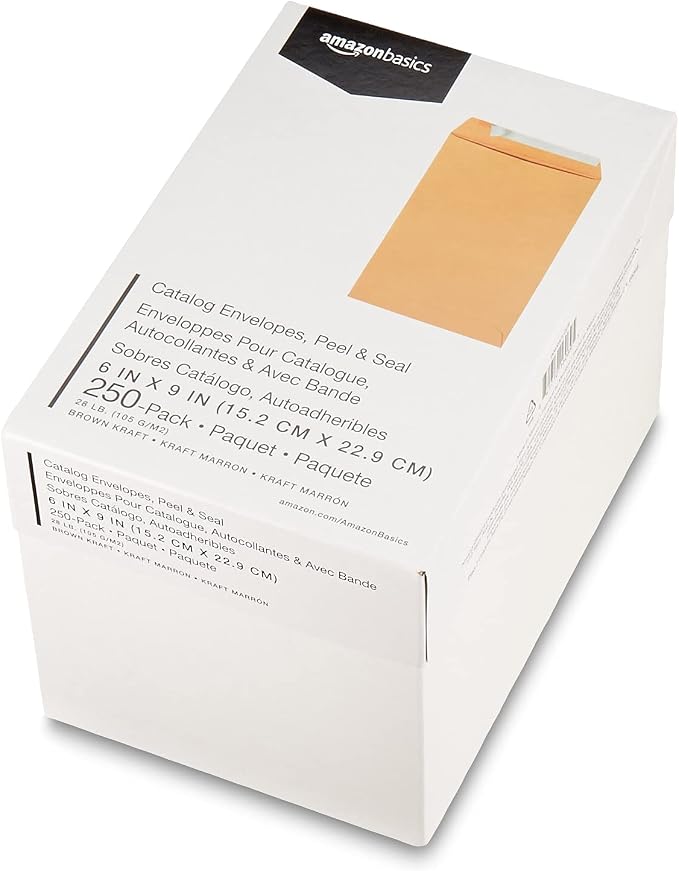 Amazon Basics Self Seal Catalog Mailing Envelopes for Documents, Peel and Seal, Brown Kraft, 250 Count, 6x9 inch (Pack of 2)
