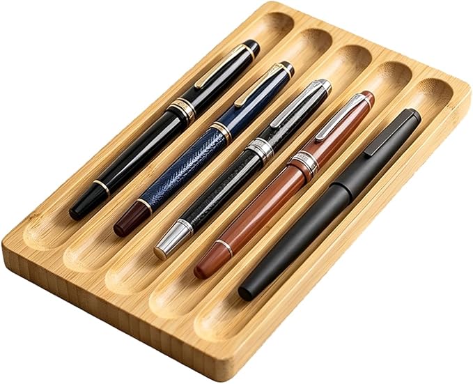 Natural Bamboo 5-Slot Fountain Pen Storage Tray, Anti-Roll Wooden Pen Organizer, Minimalist Zen Desk Pen Holder for Pen Collectors, Office & Study Desktop Stationery Display Tray