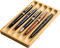 Natural Bamboo 5-Slot Fountain Pen Storage Tray, Anti-Roll Wooden Pen Organizer, Minimalist Zen Desk Pen Holder for Pen Collectors, Office & Study Desktop Stationery Display Tray