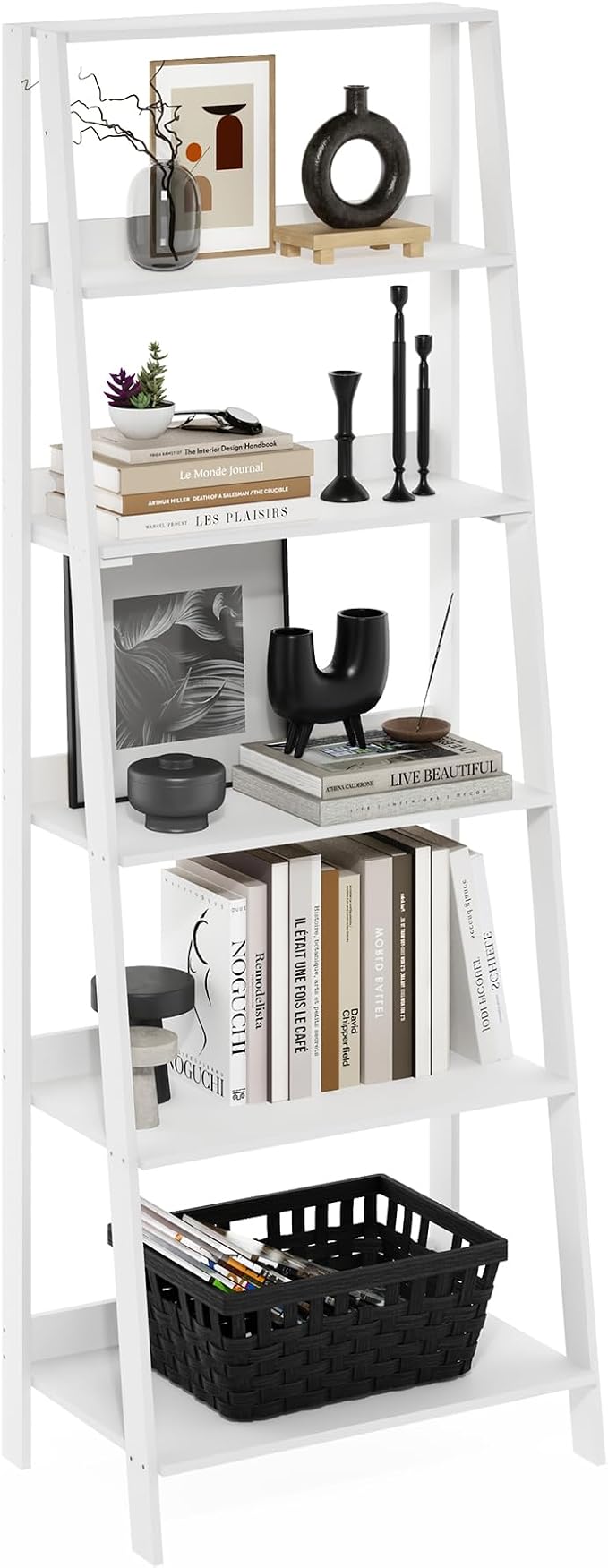 Furinno Ladder 6-Tier Book Shelf, Open Frame Ladder Shelf, White | 14.8 x 23.6 x 66.2, Bookcase, Standing Display Storage Shelves, Storage Rack, for Organization, Living Room, Home Office