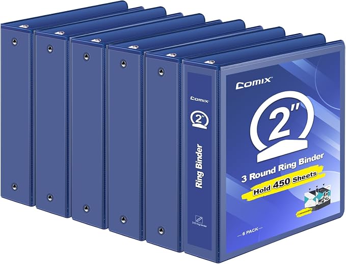 COMIX Sturdy 2 Inch 3 Ring Binder with Clear View Cover | 2"Heavy Duty Round Ring,PVC-Free Board,Holds 450 Letter Sheets,Wholesale for Offices & Classrooms,6 Pack (Dark Blue)
