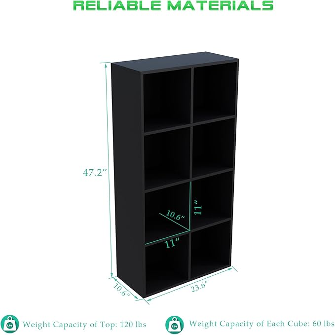 8-Cube Storage Shelf Bookcase, Black | Wooden 4-Tier Open Bookshelf, Fits 11×11" Bins, Vertical or Horizontal Use, Full Back Panels, For Home Office