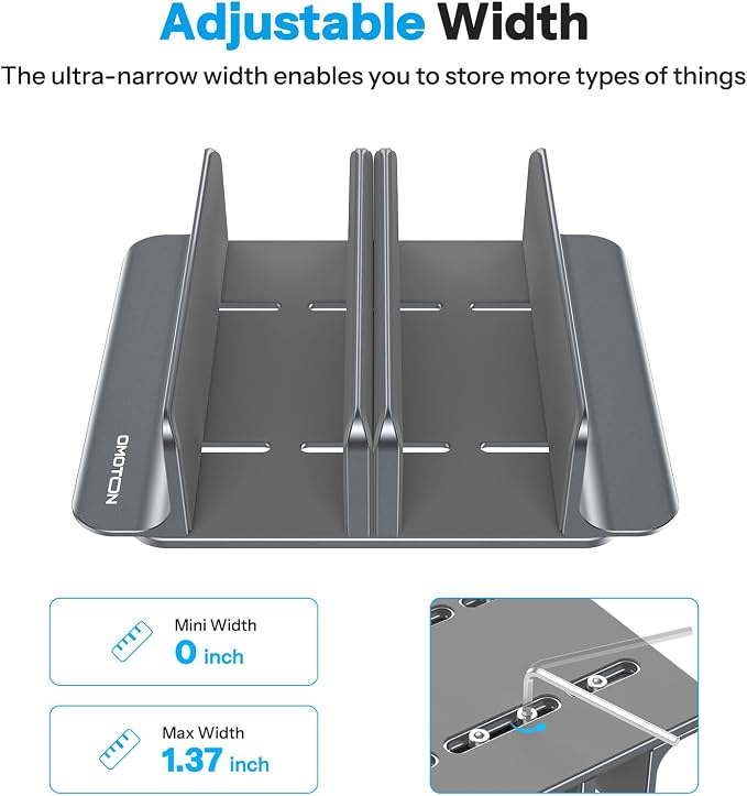 OMOTON 3-Slot Multiple Vertical Laptop Stand, Fits All MacBook, Grey | Adjustable Width 0-1.38", Aluminum Office Space-Saving for Desk, Fits MacBook/Book/iPad Up to 17.3in