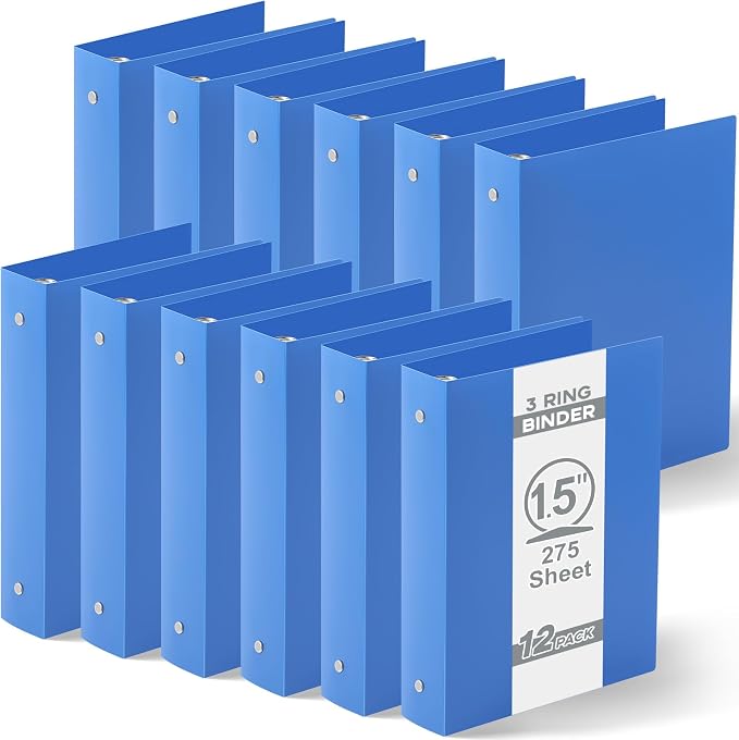 Henoyso 12 Pcs Plastic 1.5 Inch Mini 3 Ring Binders Fits 5.5" x 8.5" Paper, Holds(Capacity 280 Sheets), Flexible Blue Three Round Rings Small A5 Binders Bulk for School, Office Use, Photo Album
