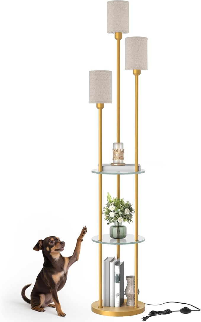 Floor Lamp with Shelves, Modern Floor Lamp with 3 Linen Shades and Foot Switch, 3-Light Standing Lamp, for Living Room, Bedroom, Study, Office, Gold and Beige ED53LD05
