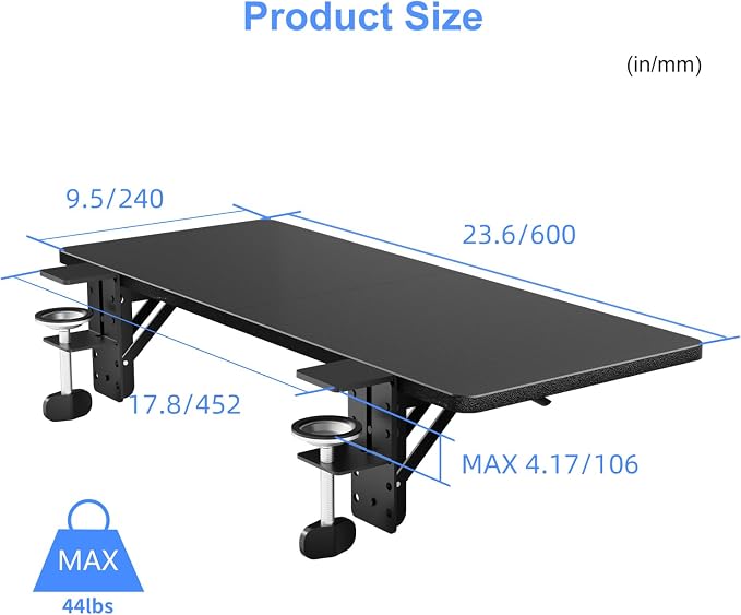 Suptek Clamp-on 9.5 x 23.6 inch Desk Extender, Wrist Support, Foldable Keyboard Tray Platform, Suitable for Office Desks, Black, DSF3LB